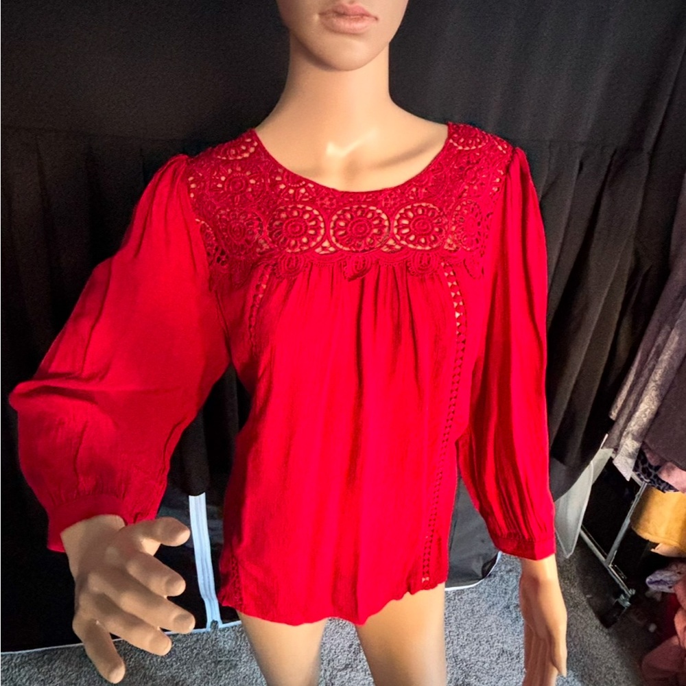 Red Women's Top with Lace Detail